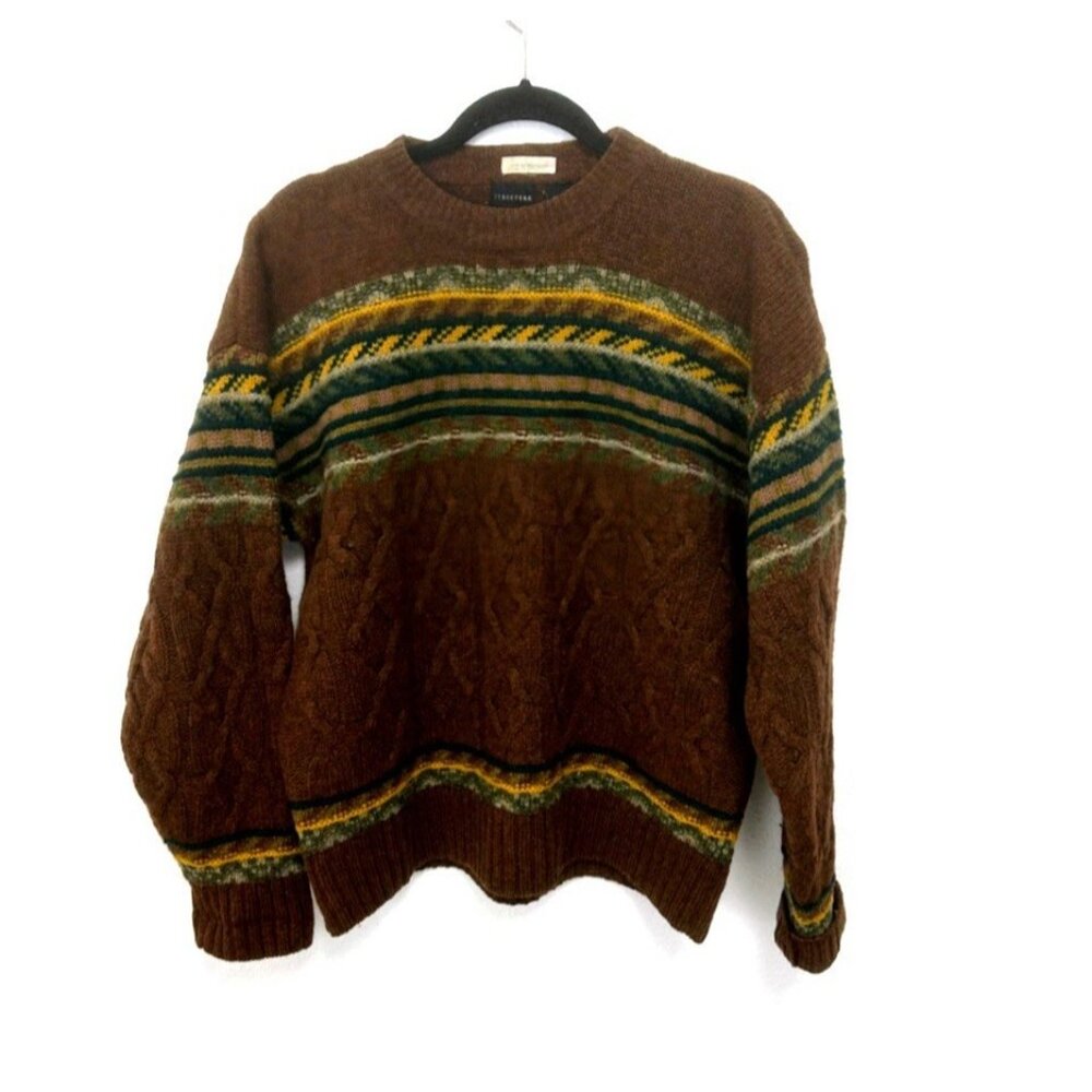 VTG 90s Structure Brown 100%Wool Cable Knit Sweater Size S Cosby Dad Fisherman